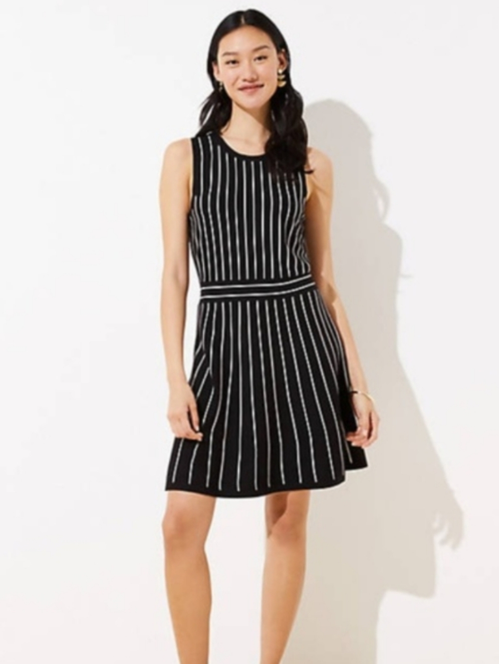 LOFT Black Dress with White Vertical Stripes